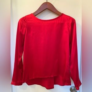 Silk blouse-red-satin- A line- round neck- back plead